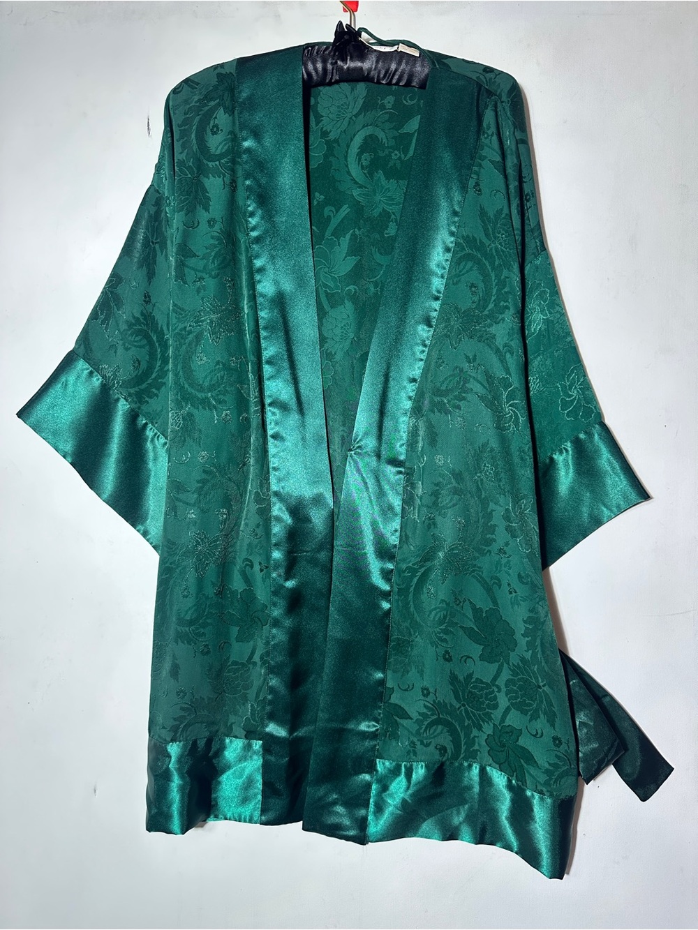 Vintage Gold Label Victoria Secret Emerald Green Satin Floral Kimono